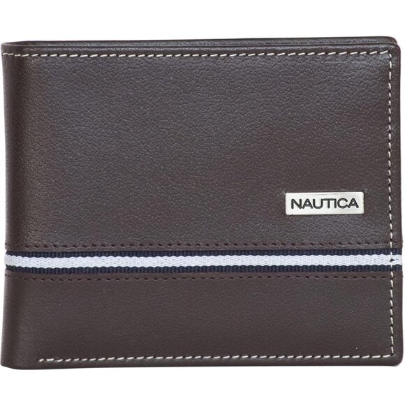 Nautica Men's Bifold Leather Wallet Brown Logo Ribbon RFID Blocking ID Window - Picture 1 of 6